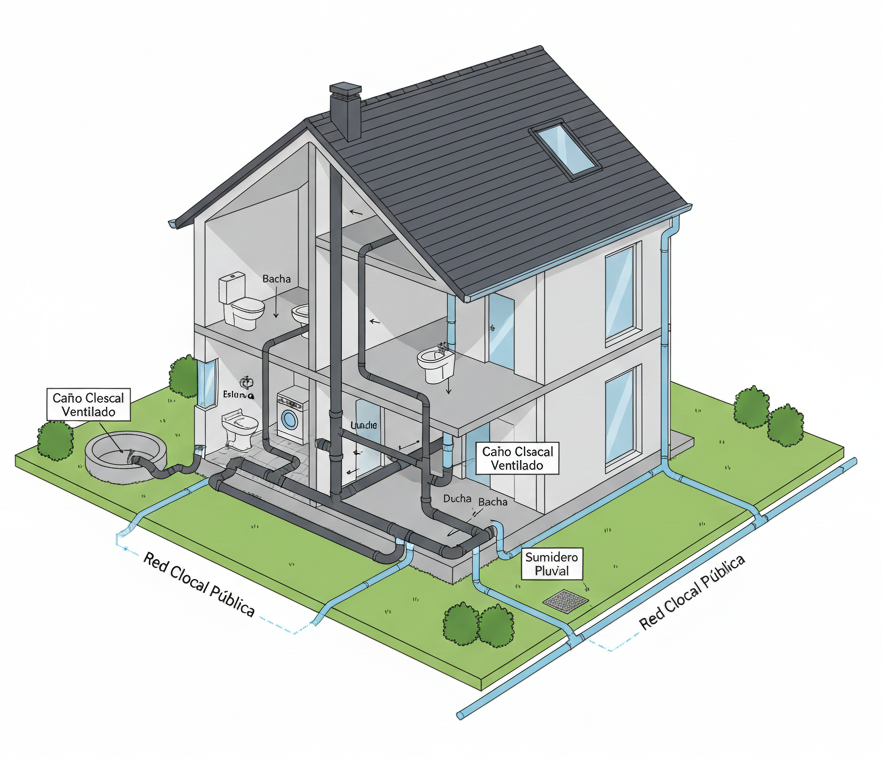 Esquema técnico de cañerías cloacales y pluviales
